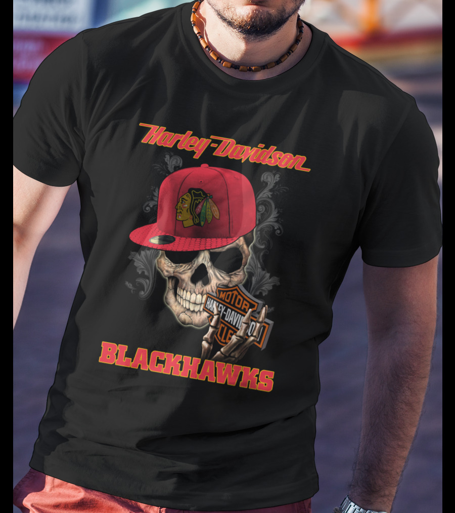 Harley Davidson Skull With Chicago Blackhawks Cap And Motor Cycle T-Shirt