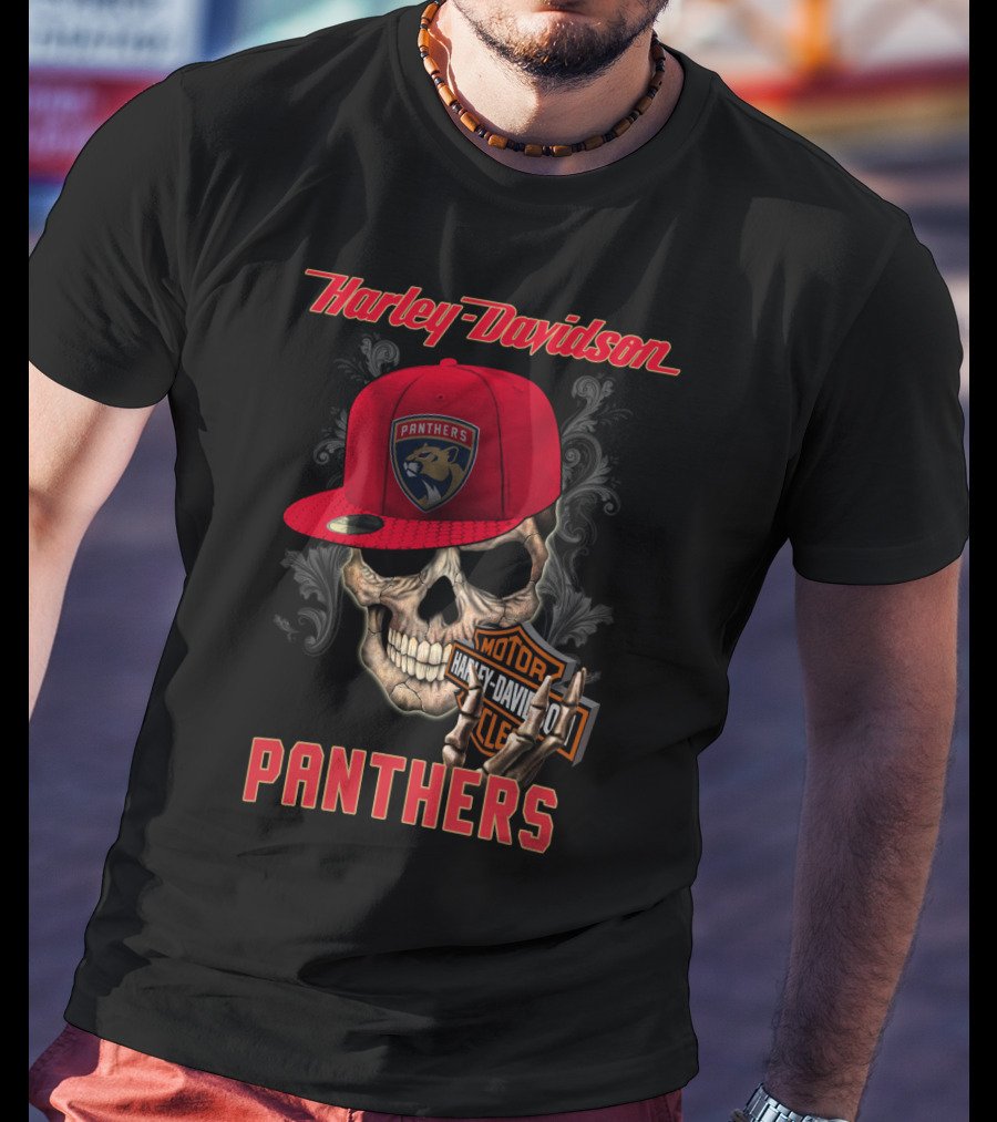 Harley Davidson Skull Florida Panthers Logo With Cap And Motorcycle Badge T-Shirt
