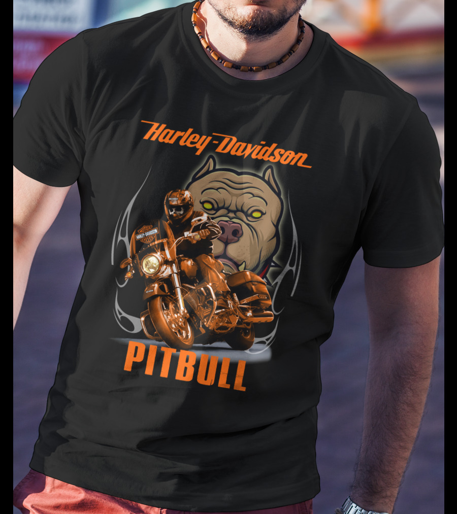 Harley Davidson Pitbull Motorcycle Rider With Dog T-Shirt