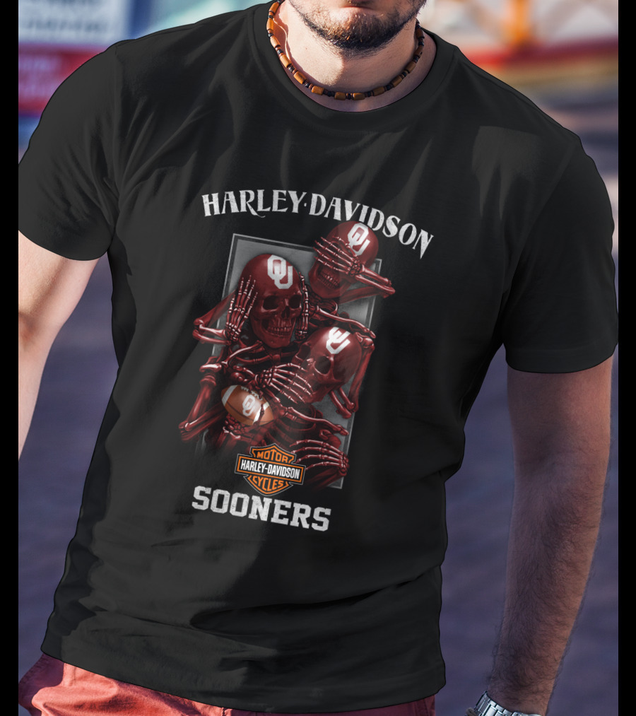 Harley Davidson Ncaa Oklahoma Sooners Motorcycles Football Skulls T-Shirt