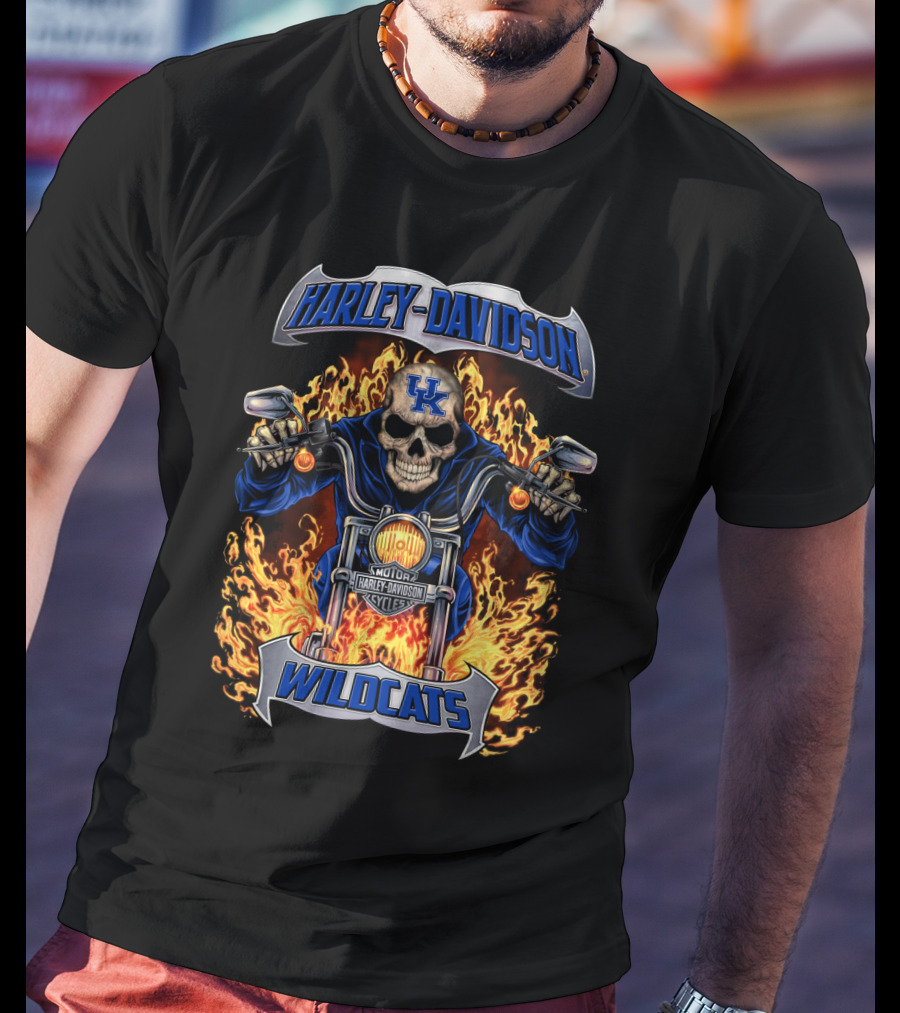 Harley Davidson Wildcats Kentucky Uk Motorcycle Flame Skull T-Shirt