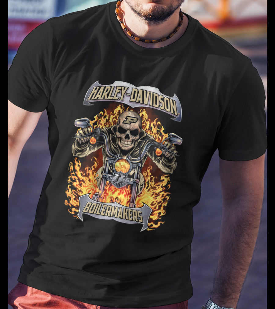 Harley Davidson Purdue Boilermakers Motorcycles Flame Skull T-Shirt
