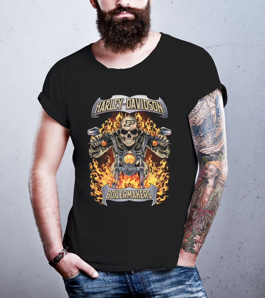 Harley Davidson Purdue Boilermakers Motorcycles Flame Skull T-Shirt