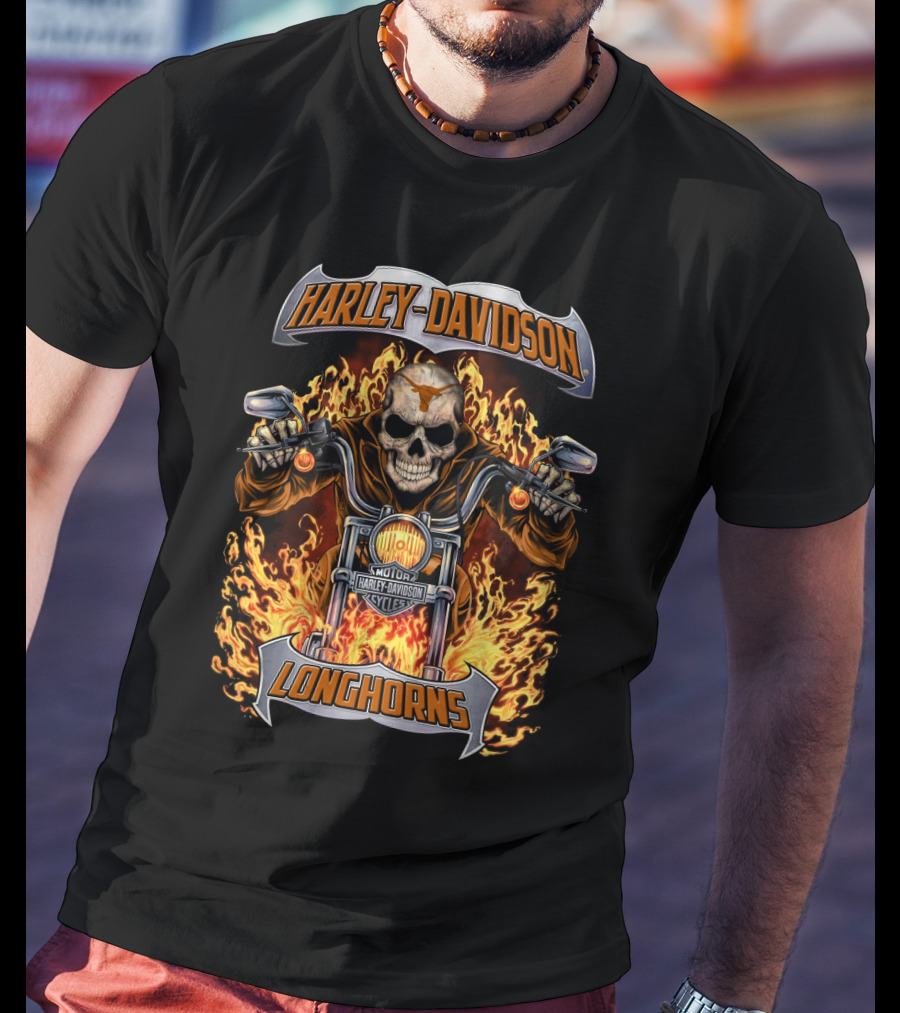 Harley Davidson Longhorns Flame Skull Motorcycle Art T-Shirt