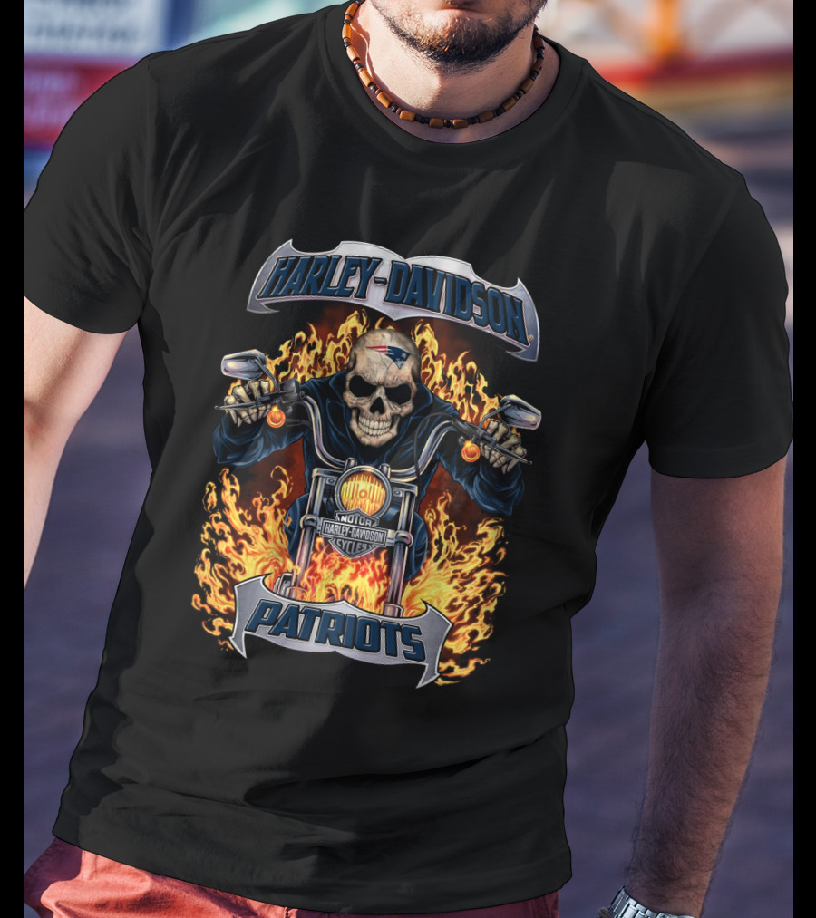 Harley Davidson New England Patriots Nfl Skull Flames Motorcycle T-Shirt
