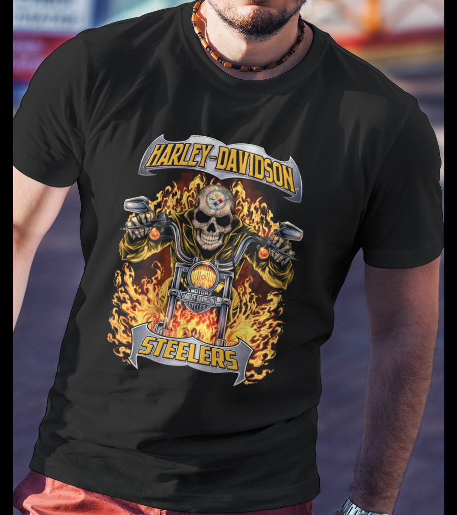 Harley Davidson Steelers Skull Flames Motorcycles Nfl Pittsburgh T-Shirt