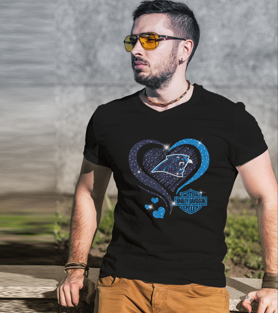Carolina Panthers Heart Sparkle With Harley Davidson T-Shirt