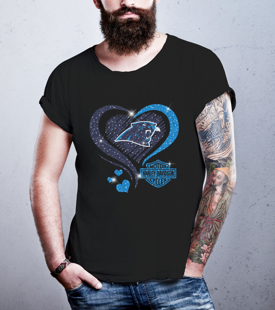Carolina Panthers Heart Sparkle With Harley Davidson T-Shirt