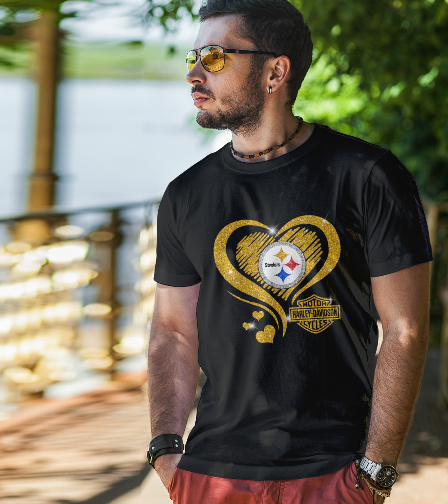 Steelers Heart Gold Motor Harley Davidson Cycles T-Shirt