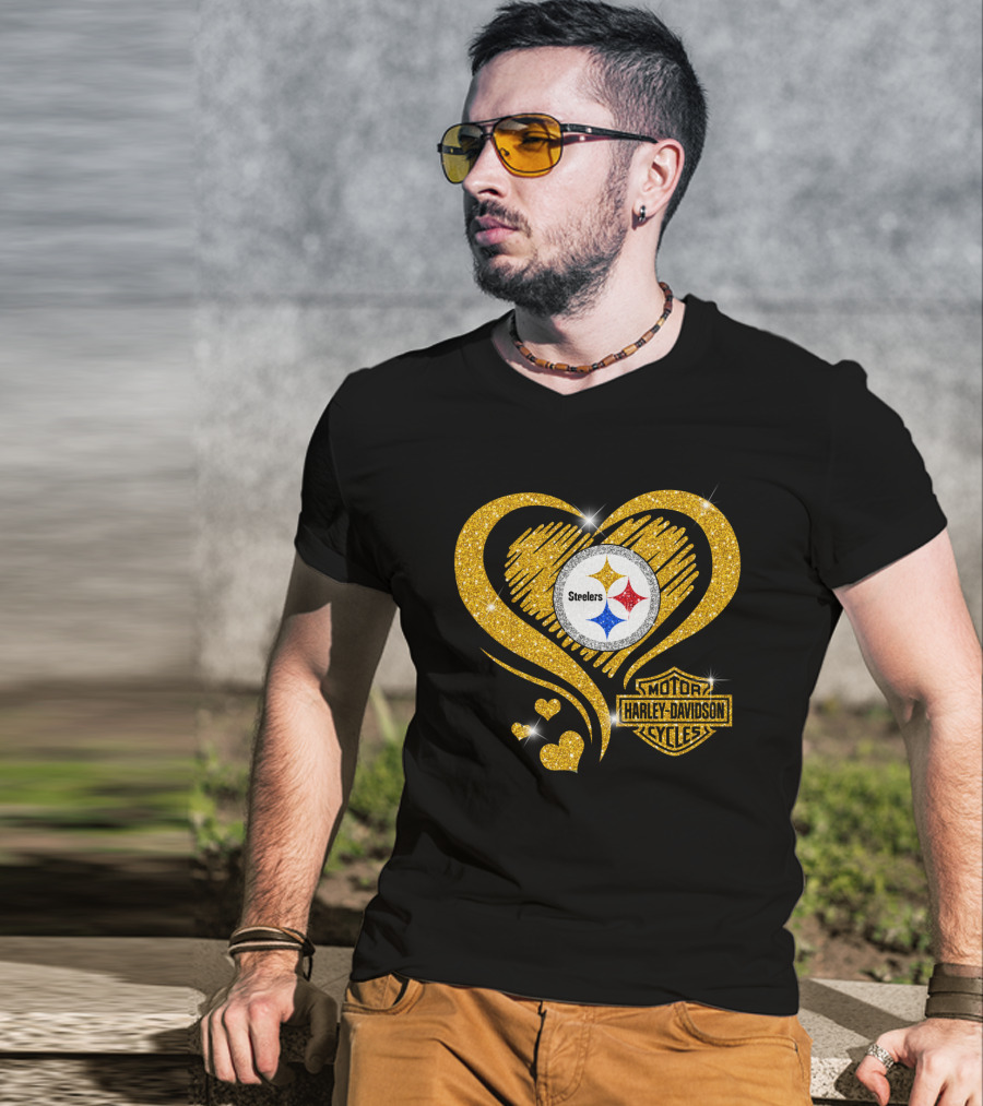 Steelers Heart Gold Motor Harley Davidson Cycles T-Shirt