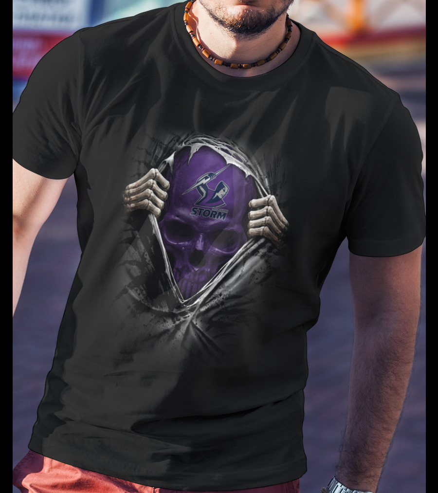 XA NRL Melbourne Storm Skull With Logo And Skeleton Hands T-Shirt