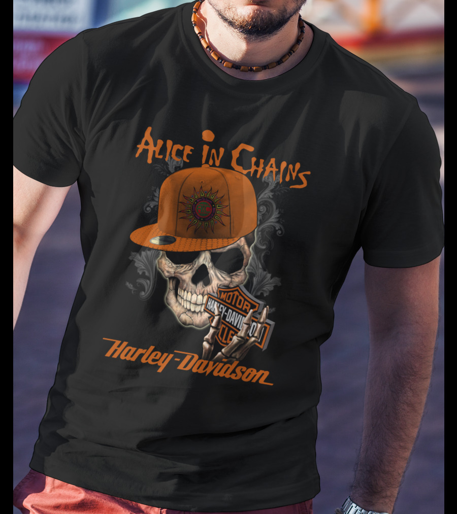 Alice In Chains Harley Davidson Skull With Cap T-Shirt