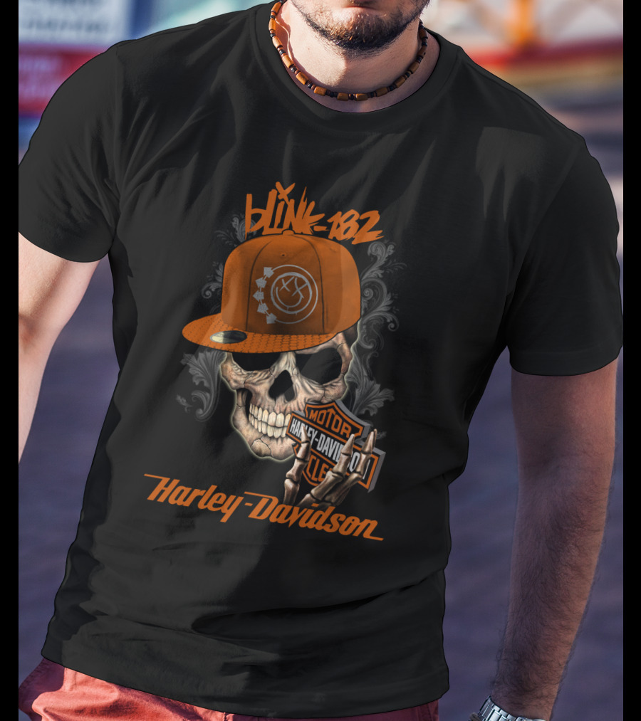 Blink-182 Harley Davidson Skull With Hat And Motor T-Shirt