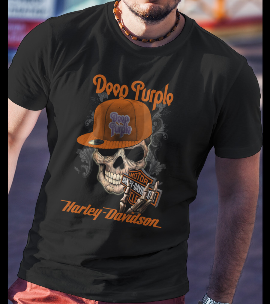 Deep Purple Harley Davidson Skull With Orange Hat T-Shirt