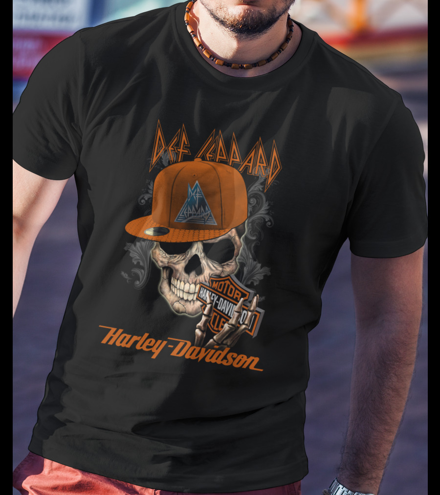 Def Leppard Harley Davidson Skull Cap Motor Cycle T-Shirt