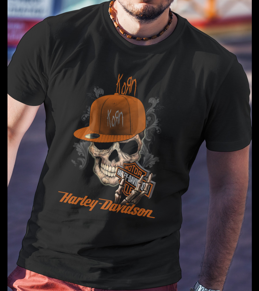 Korn Harley Davidson Skull With Orange Cap T-Shirt