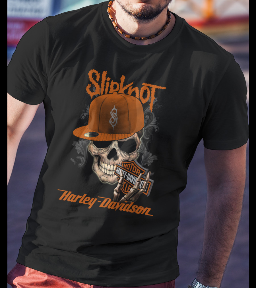 Slipknot Harley Davidson Skull With Orange Cap T-Shirt