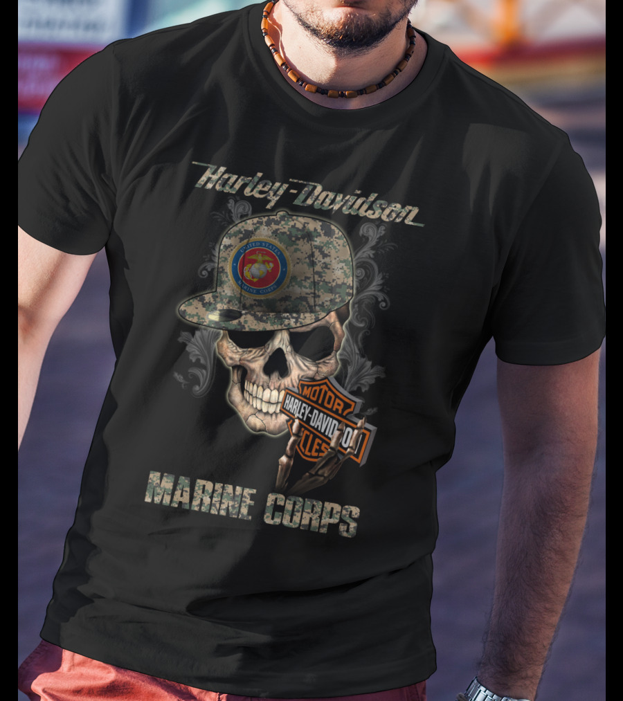 Harley Davidson Marine Corps Skull With Camo Cap T-Shirt