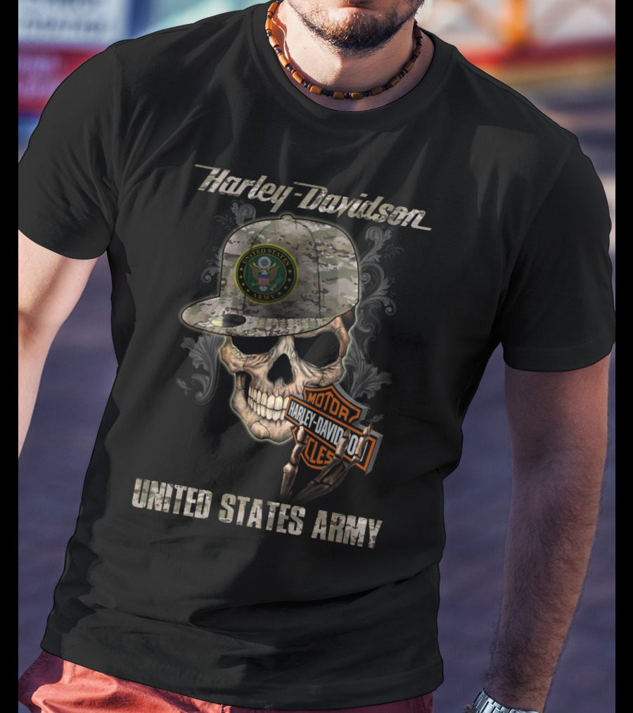 Harley Davidson United States Army Skull With Camo Cap And Motorcycles Badge T-Shirt