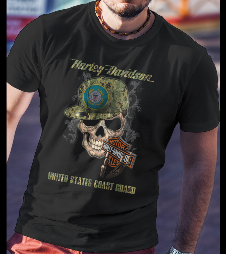 Harley Davidson United States Coast Guard Skull With Camo Cap T-Shirt