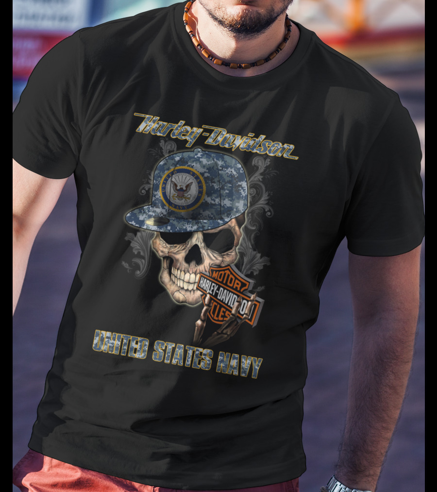 Harley Davidson United States Navy Skull With Camo Cap And Eagle T-Shirt