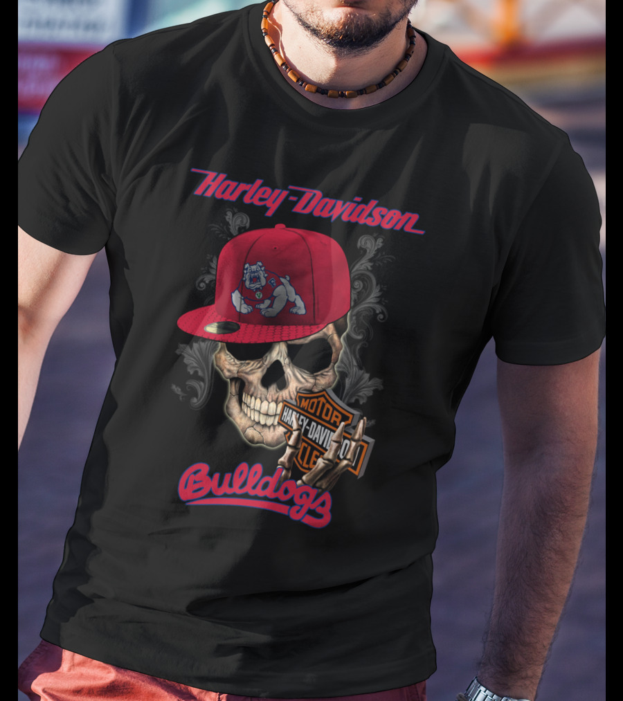 Harley Davidson Fresno State Bulldogs Skull With Cap T-Shirt