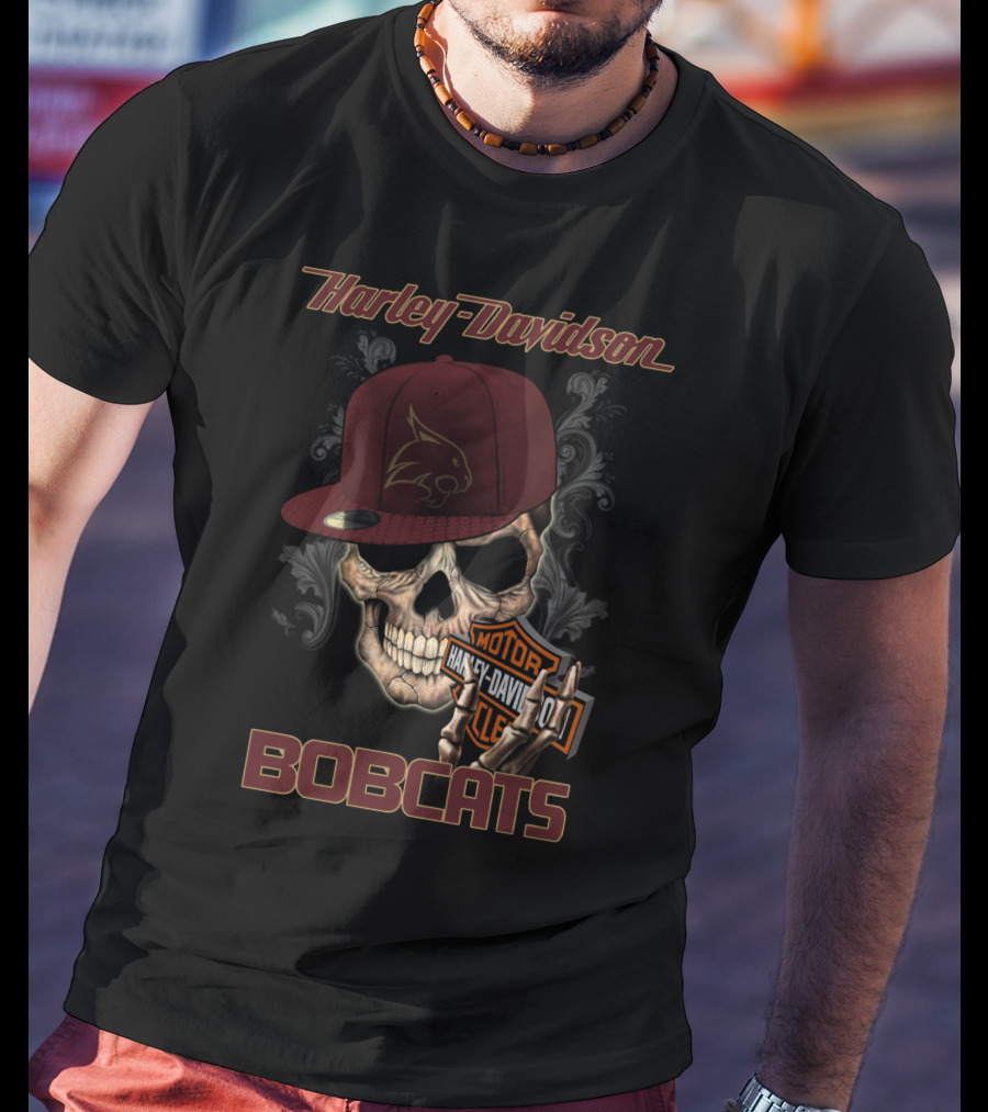 Harley Davidson Bobcats Skull With Texas State Emblem And Cap T-Shirt