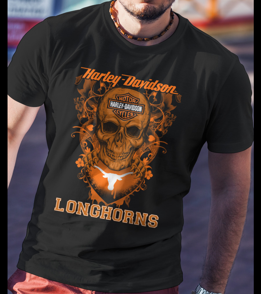 Harley Davidson Motor Cycles Skull Texas Longhorns T-Shirt