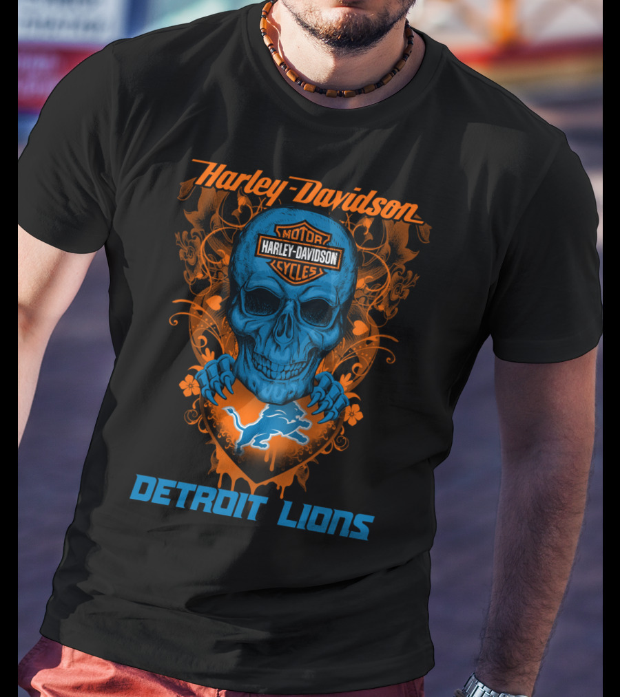 Harley Davidson Motor Detroit Lions Skull T-Shirt