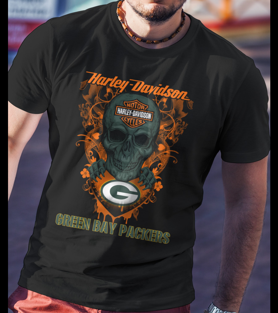 Harley Davidson Motor Cycles Skull Green Bay Packers T-Shirt