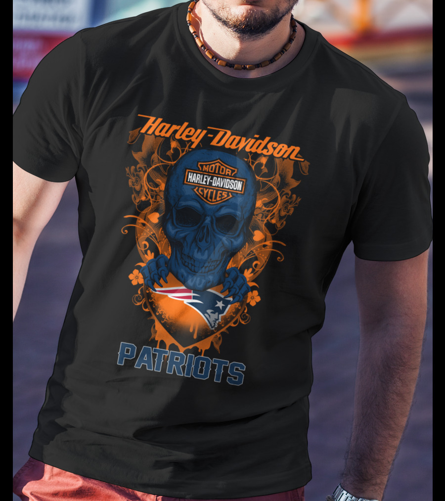 Harley Davidson Motorcycles Skull New England Patriots T-Shirt