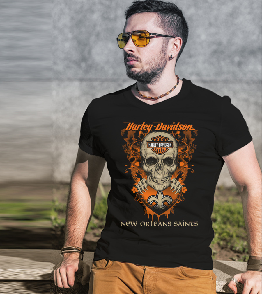 Harley Davidson New Orleans Saints Skull And Fleur-De-Lis T-Shirt
