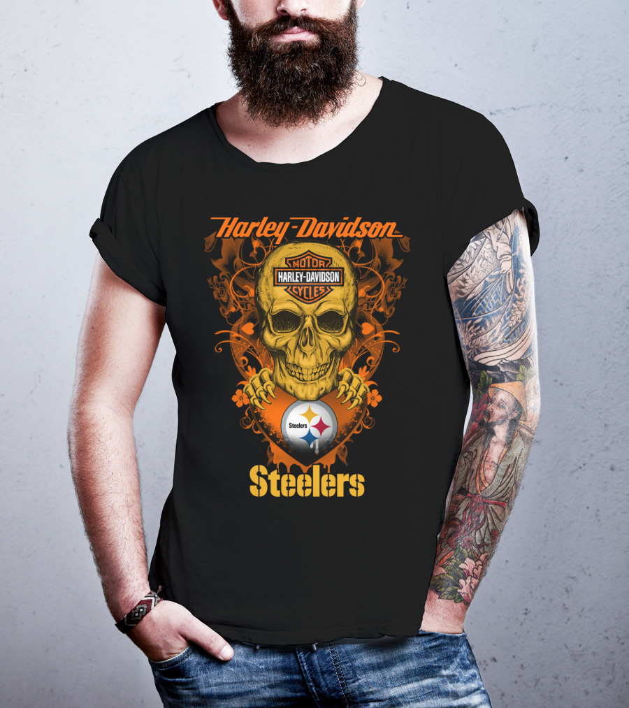 Harley Davidson Motorcycles Skull With Pittsburgh Steelers T-Shirt