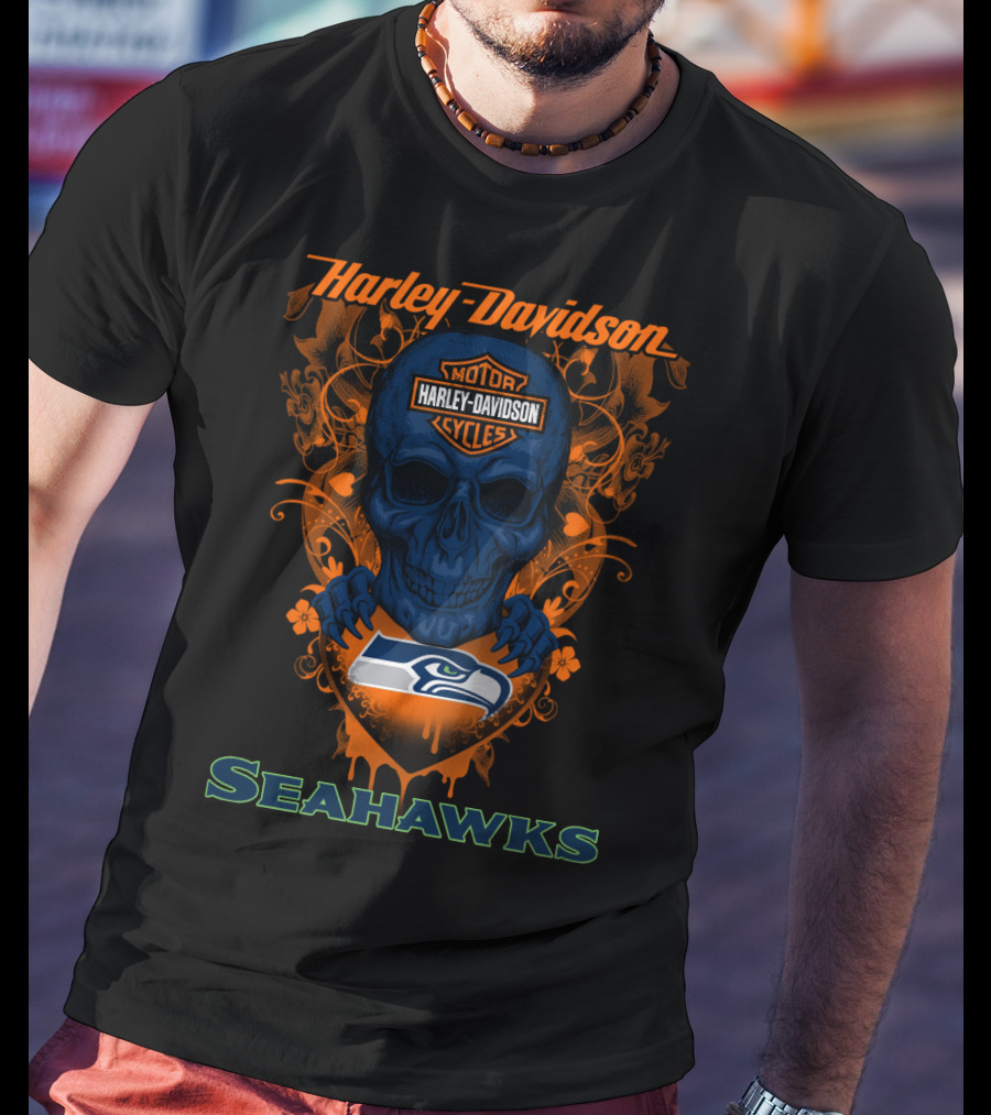 Harley Davidson Motor Cycles Seattle Seahawks Skull T-Shirt