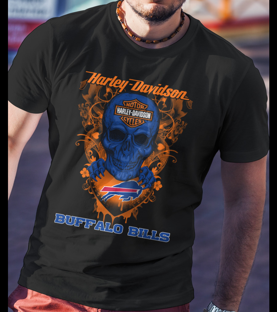Harley Davidson Motorcycles Buffalo Bills Nfl Skull And Shield T-Shirt