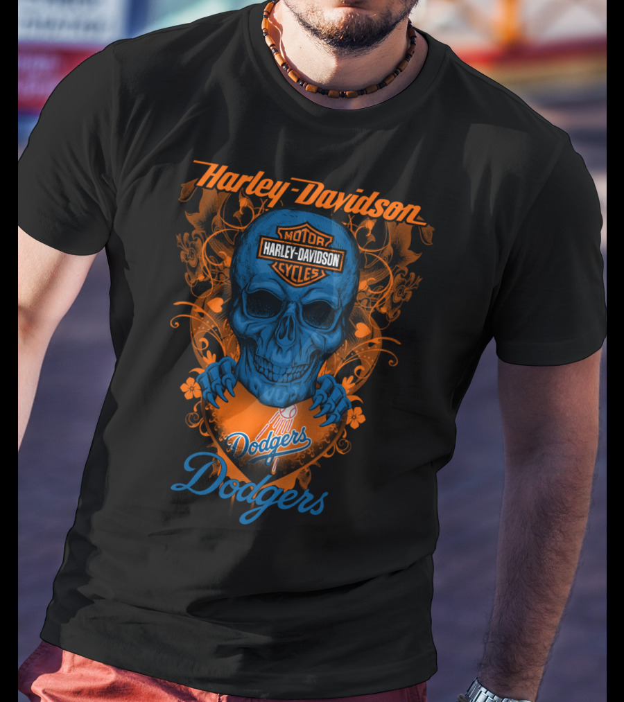 Harley Davidson Motor Cycles Skull Dodgers Los Angeles Baseball T-Shirt