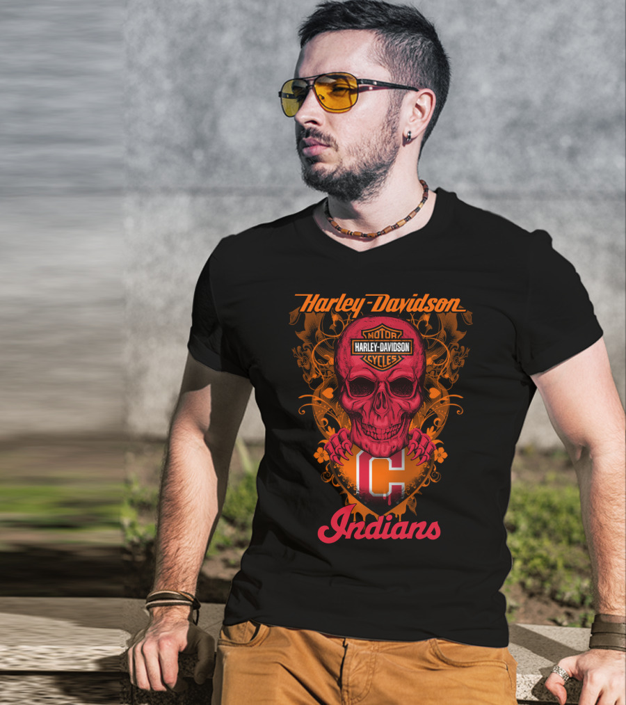 Harley Davidson Motor Cycles Skull Cleveland Indians T-Shirt