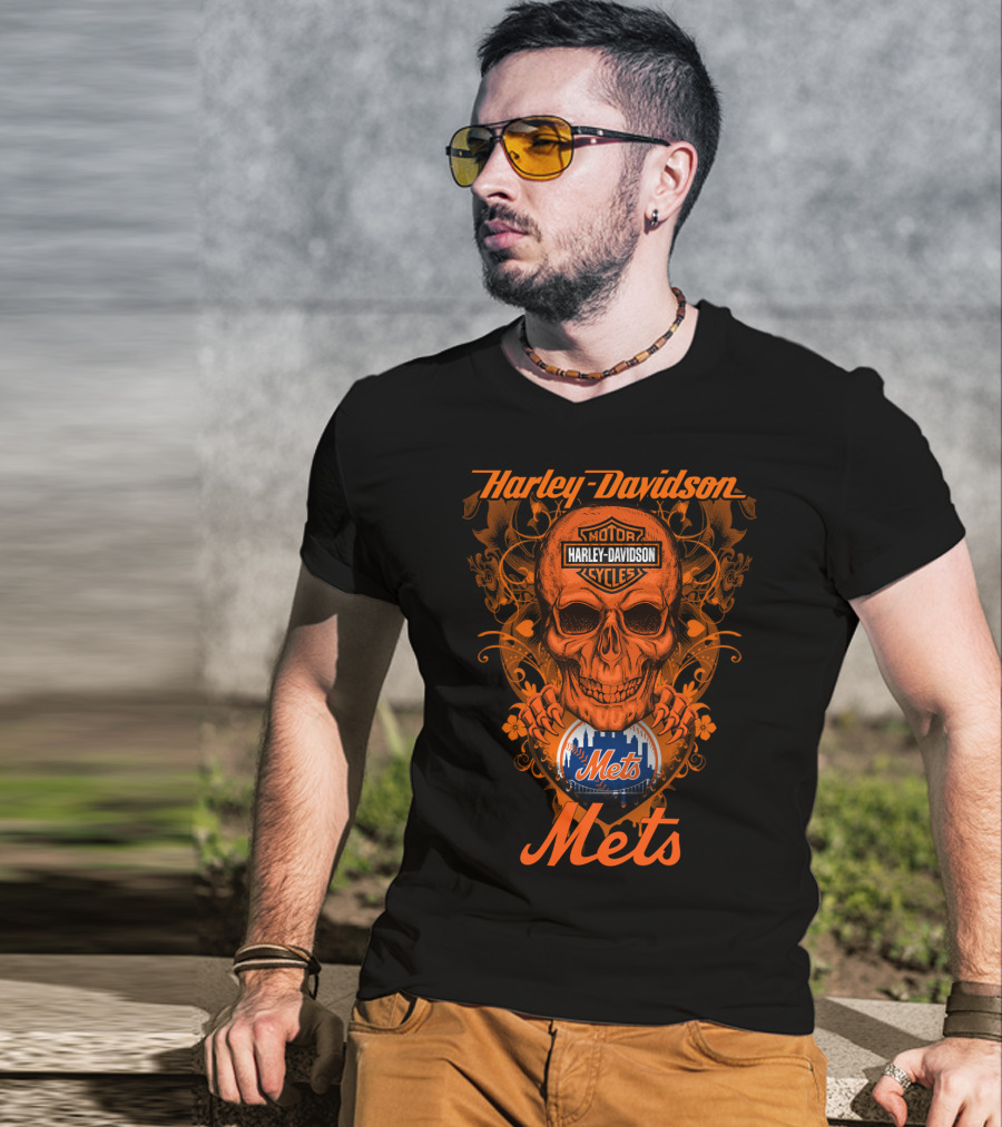 Harley Davidson Motor Cycles Skull New York Mets T-Shirt