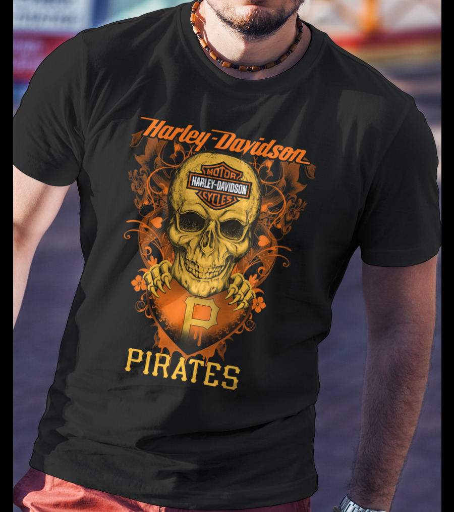 Harley Davidson Motor Cycles Skull Pittsburgh Pirates T-Shirt