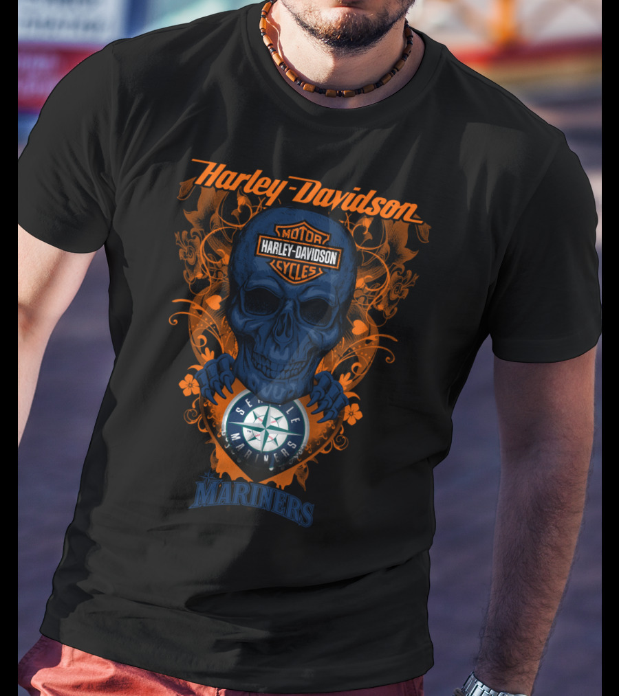 Harley Davidson Motor Cycles Seattle Mariners Skull T-Shirt