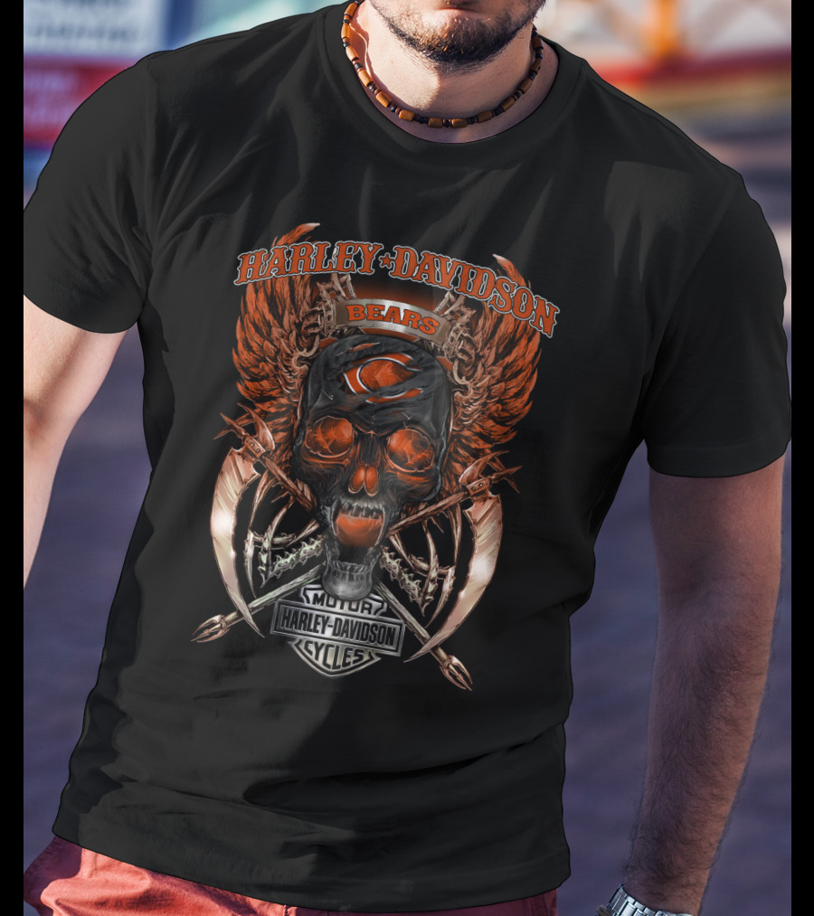 Harley Davidson Bears Skull Wings Graphic Chicago Bears T-Shirt