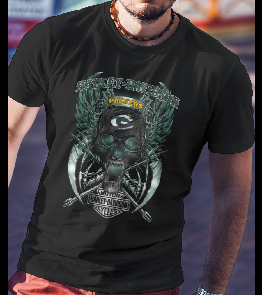 Harley Davidson Motor Cycles Packers Skull Wings Green Bay T-Shirt