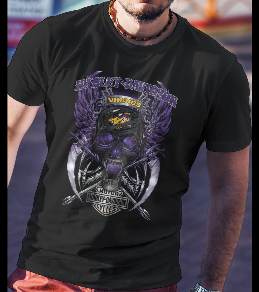Harley Davidson Vikings Motor Cycles Minnesota Skull Wings T-Shirt