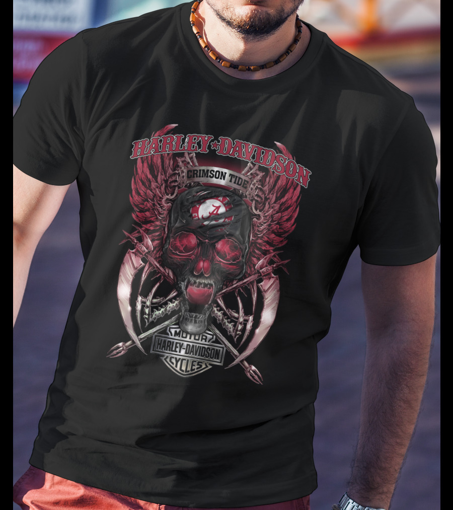 Harley Davidson Crimson Tide Alabama Motor Cycles Skull Winged T-Shirt