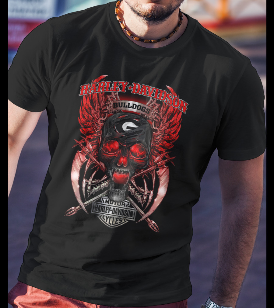 Harley Davidson Georgia Bulldogs Skull Wings Motor Cycles T-Shirt