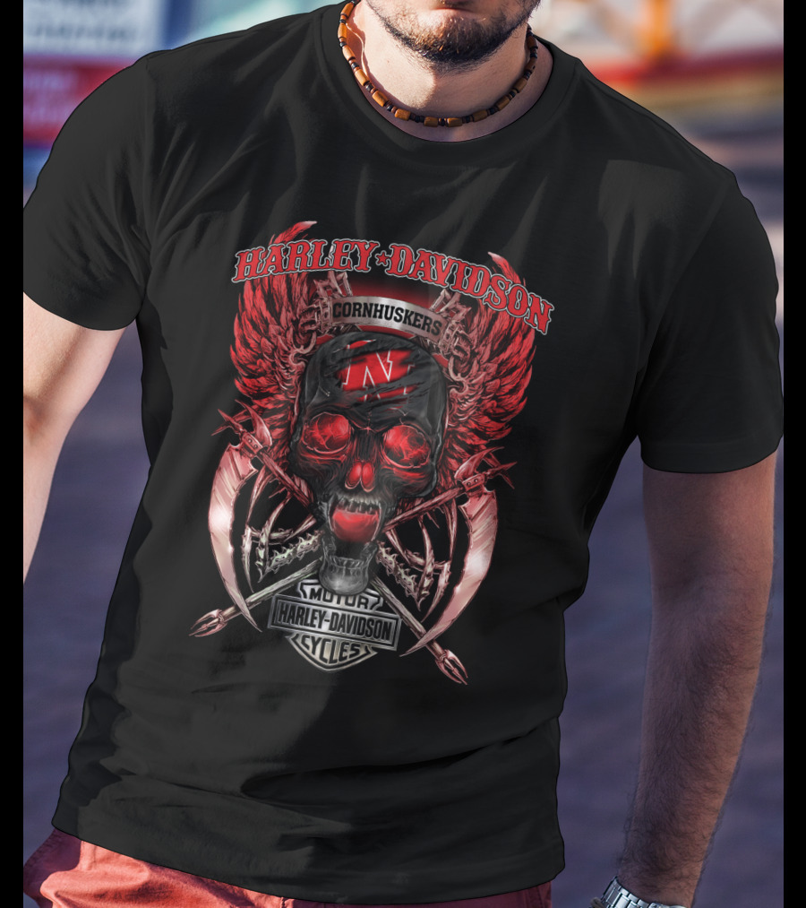Harley Davidson Nebraska Cornhuskers N Skull Wings T-Shirt