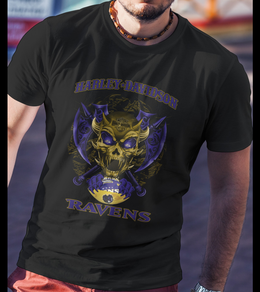 Harley Davidson Baltimore Ravens Skull T-Shirt