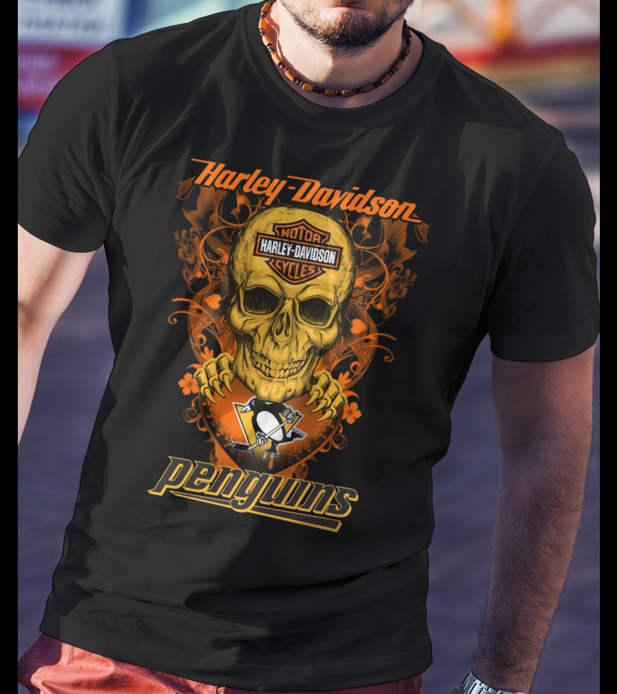 Harley Davidson Motor Cycles Skull Penguins Nhl Pittsburgh T-Shirt