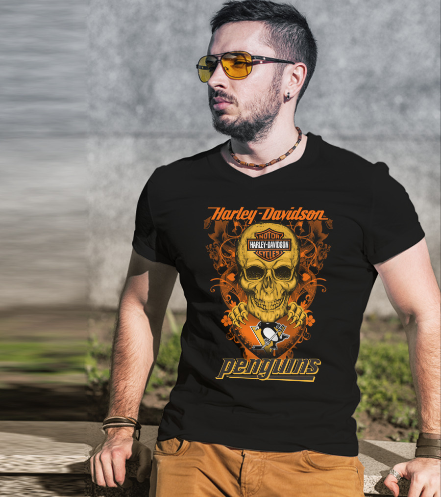 Harley Davidson Motor Cycles Skull Penguins Nhl Pittsburgh T-Shirt