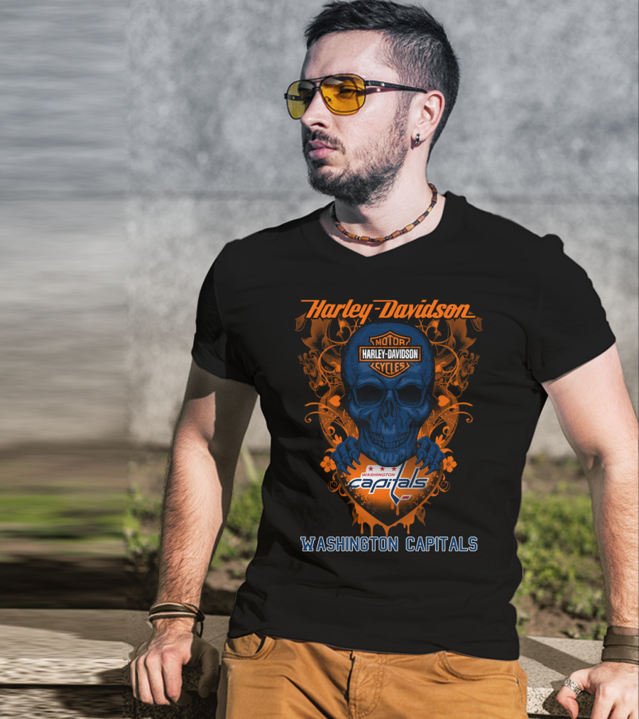Harley Davidson Washington Capitals Motorcycles Blue Skull T-Shirt